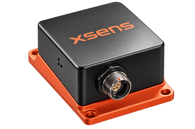 Xsens inertial sensor module on an orange mounting base