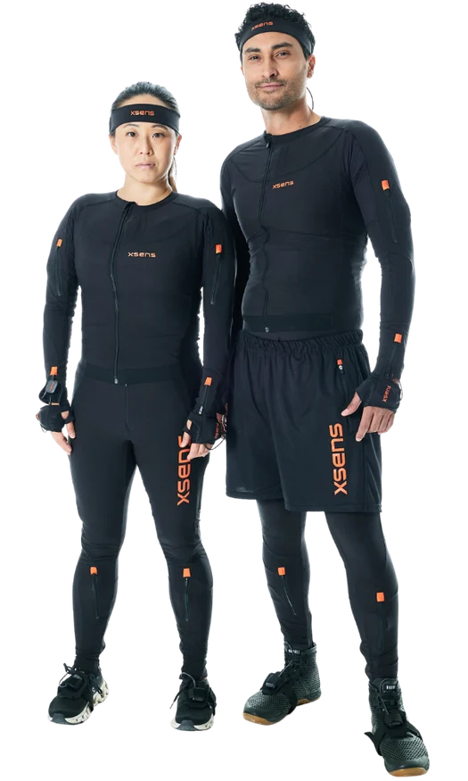 Two people wearing Xsens motion capture suits