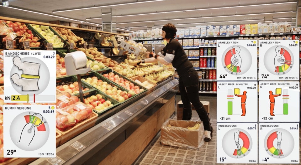Supermarket worker sorting fruits while wearing Xsens Awinda suit