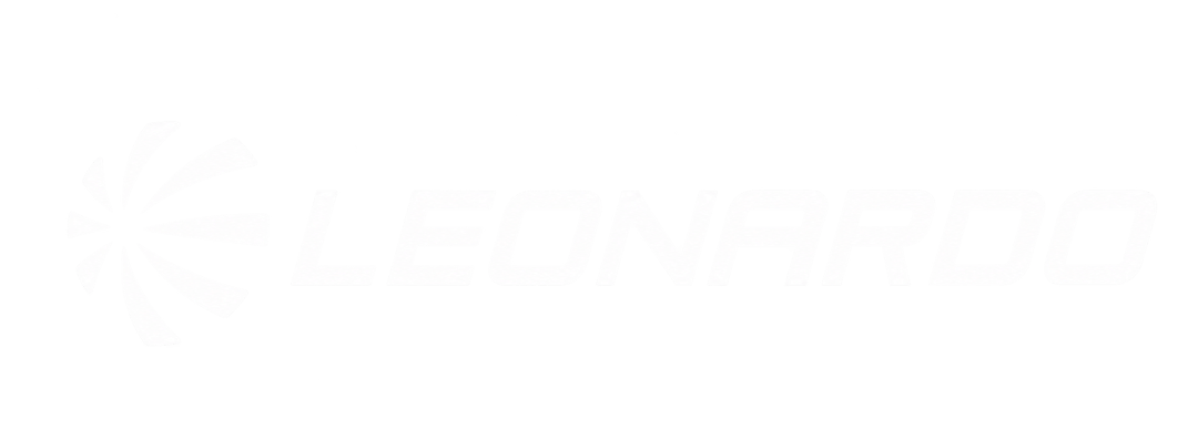 White Leonardo-logo op transparante achtergrond