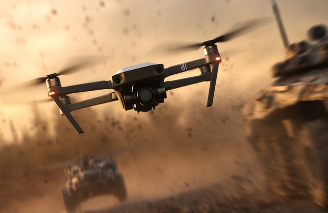 Drone flying low over a dusty off-road vehicle
