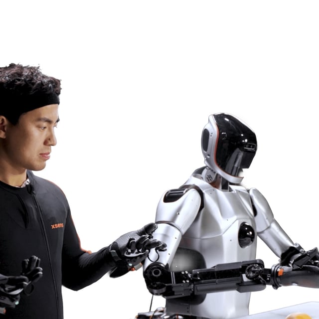 Operator in an Xsens motion capture suit teleoperating a humanoid robot
